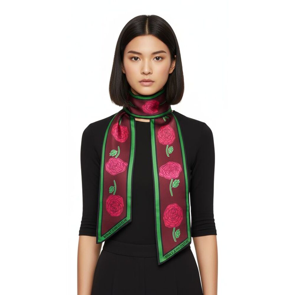 Versace Jeans Couture Maroon Green Signature Rosy Print Slim Scarf
